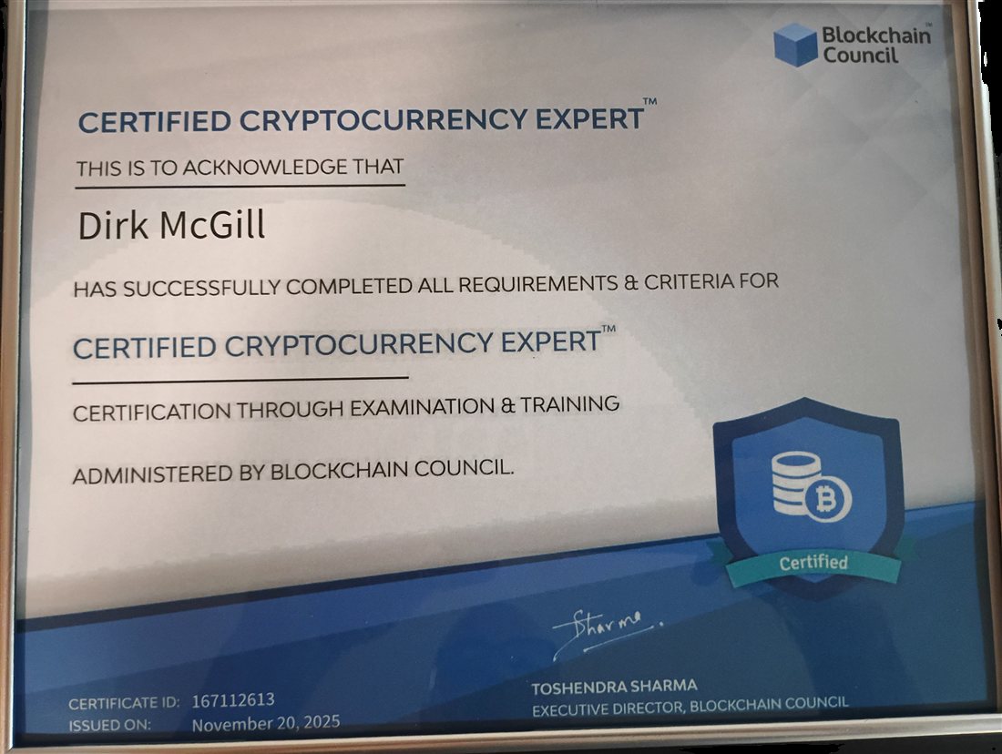 Certified Cryptocurrency Expert certificate issued to Dirk McGill by the Blockchain Council