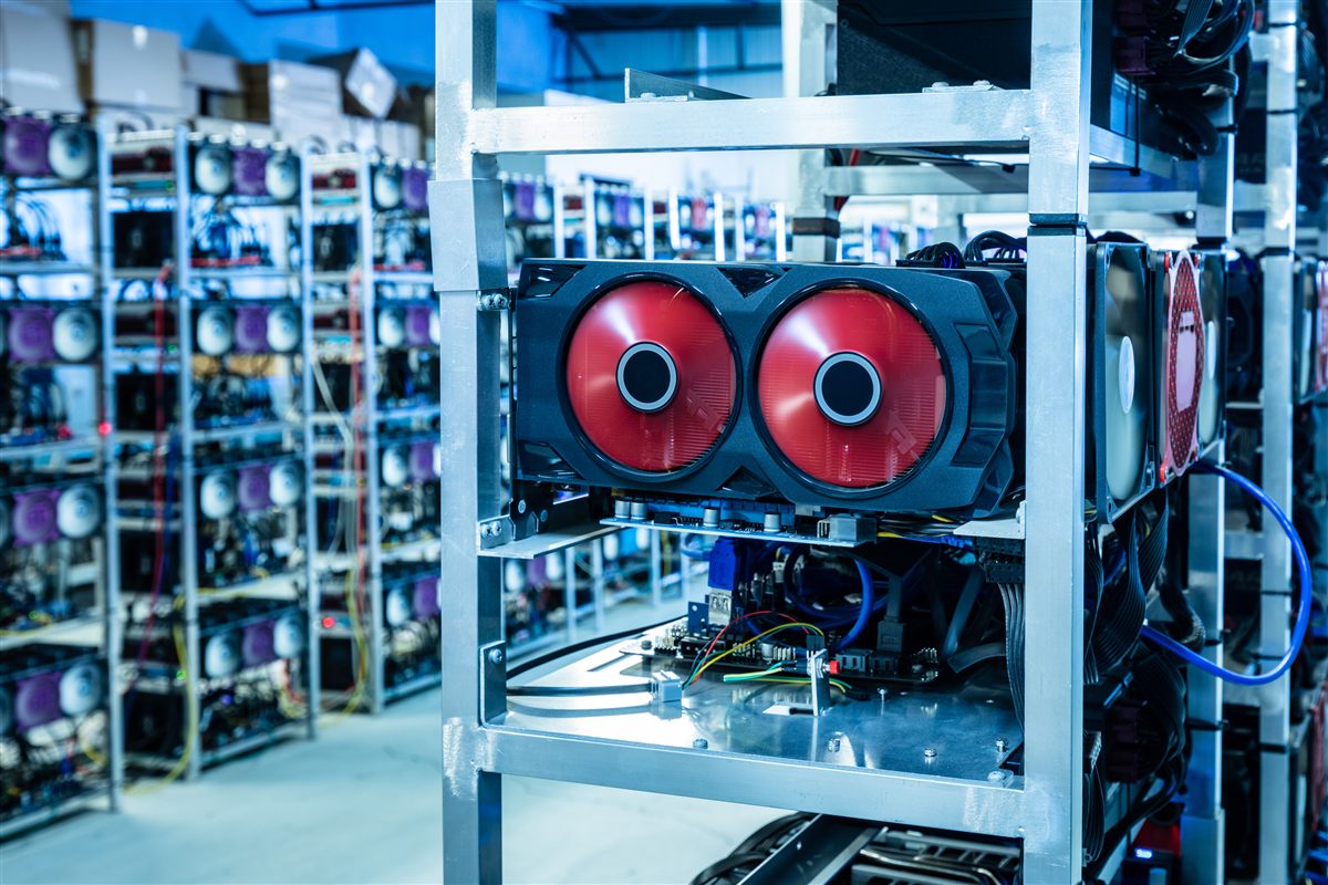 Blockchain mining hardware with graphics cards on a rack