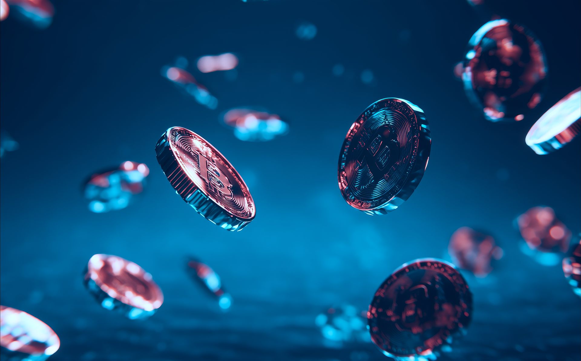 Digital coins falling through a blue-lit space